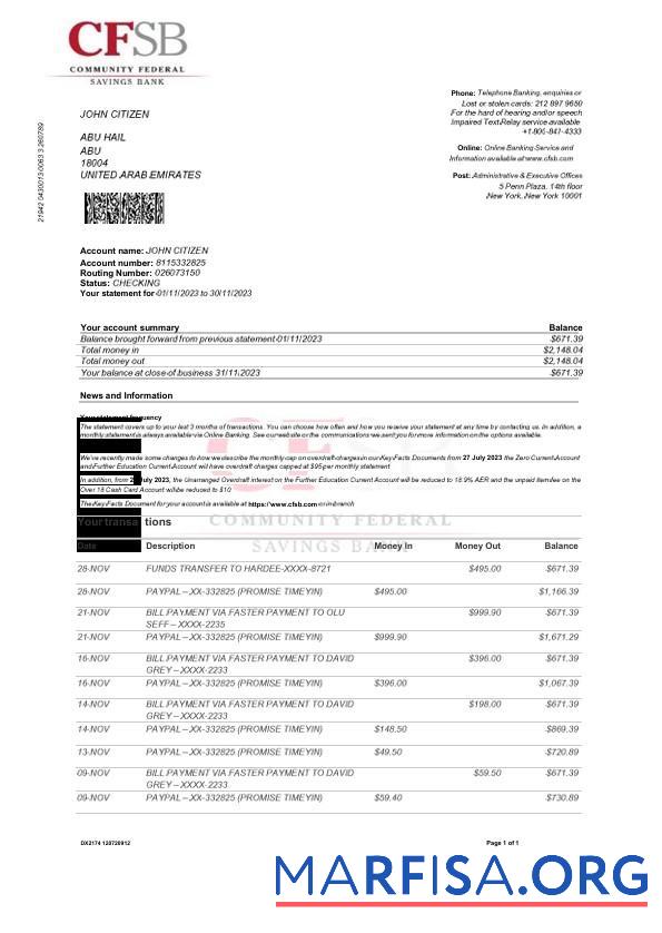 Blank USA CFSB bank statement word real example